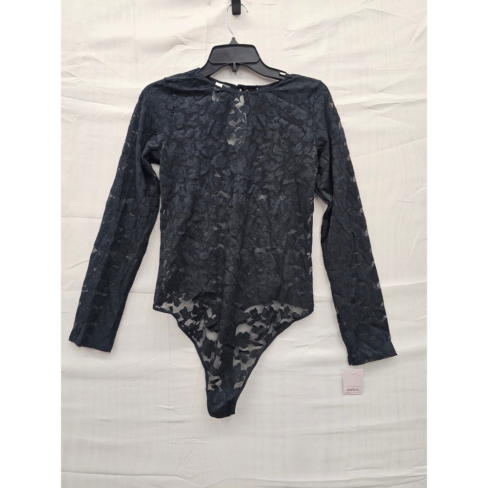 Auden Women Black Floral Lace Long Sleeve Bodysuit Keyhole Back‎ Large 023102822